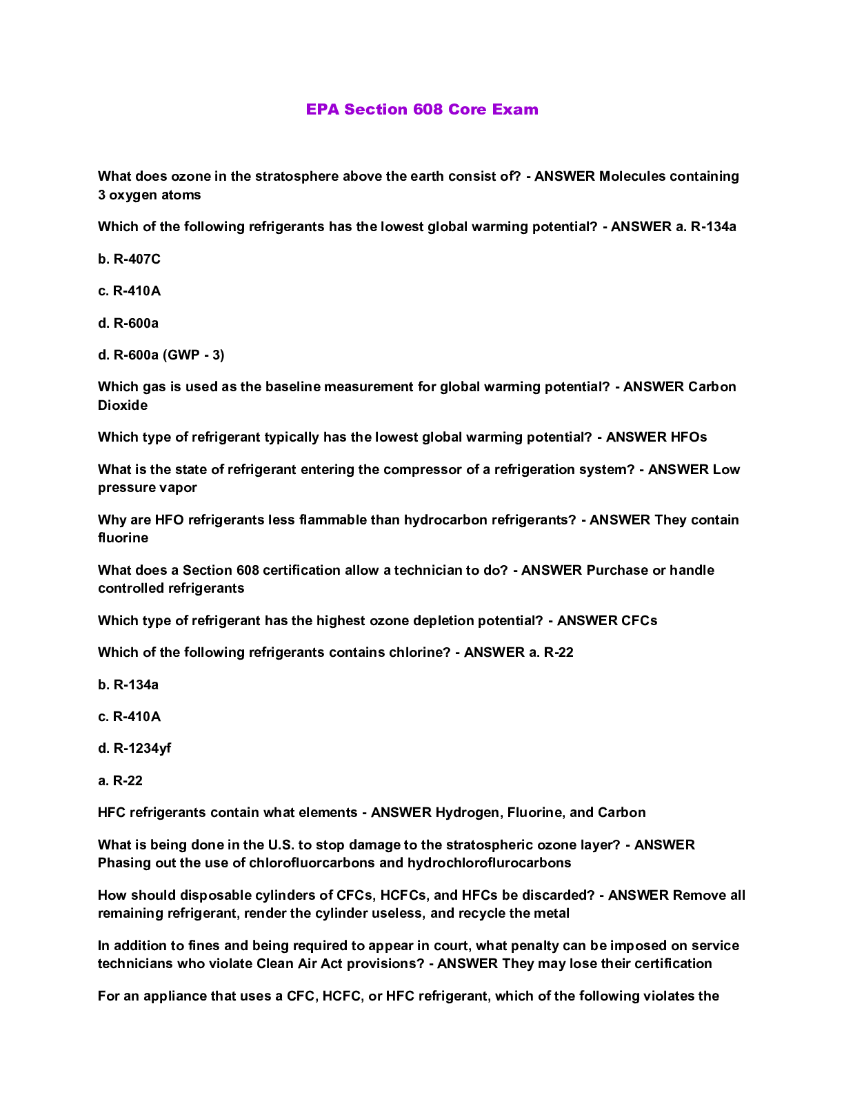 EPA SECTION 608 CORE EXAM QUESTIONS AND ANSWERS WITH COMPLETE SOLUTION